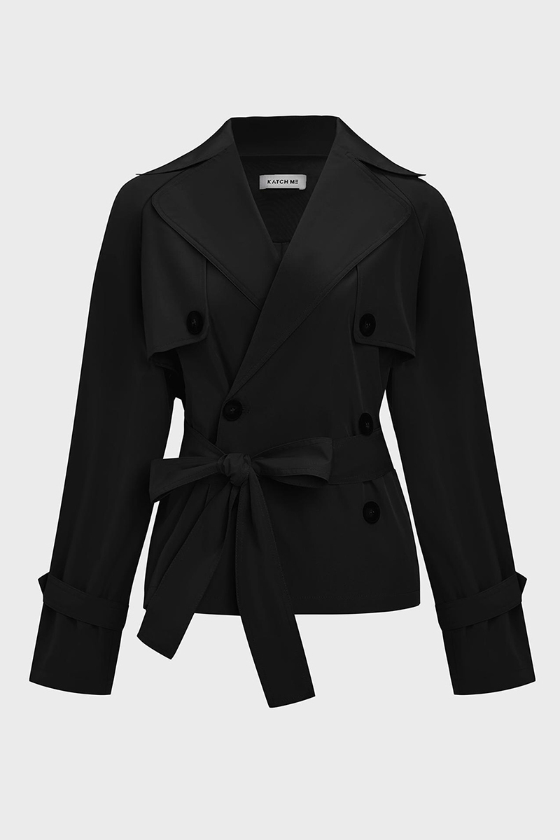 Casual Notch Lapel Double Breasted Waist Tie Trench Coat