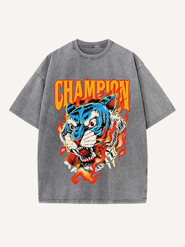 Distressed Washed Tiger&Graphic&Letter Print Round Neck T-shirt