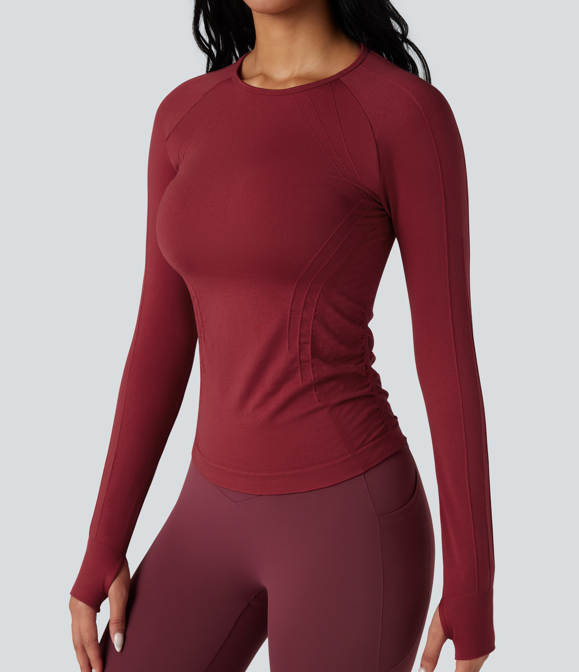 Seamless Flow Round Neck Long Sleeve Thumb Hole Yoga Sports Top