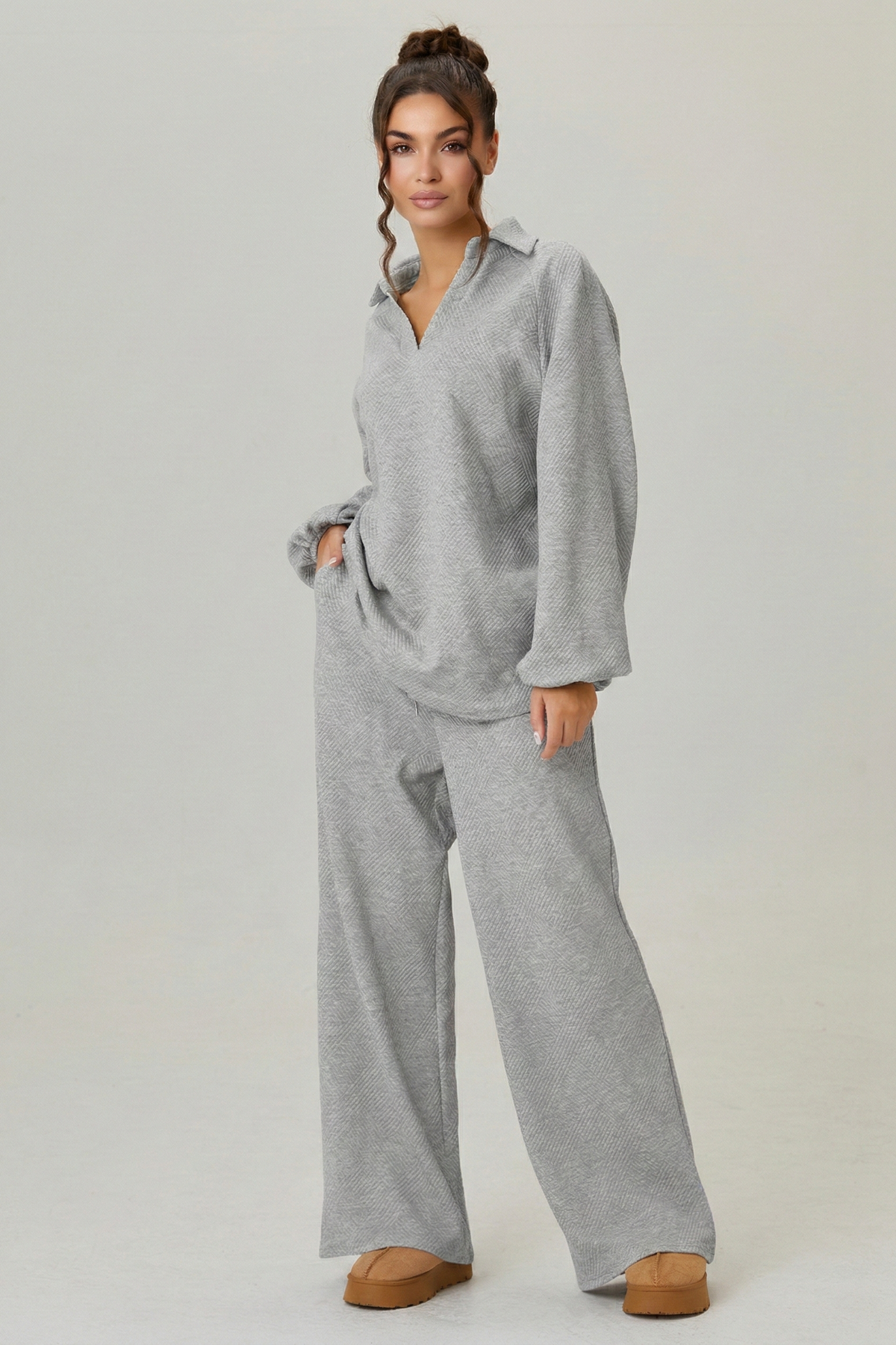 KatchMe Slouchy Loose Textured V-Neck Pullover & Wide-Leg Trousers Co-ord