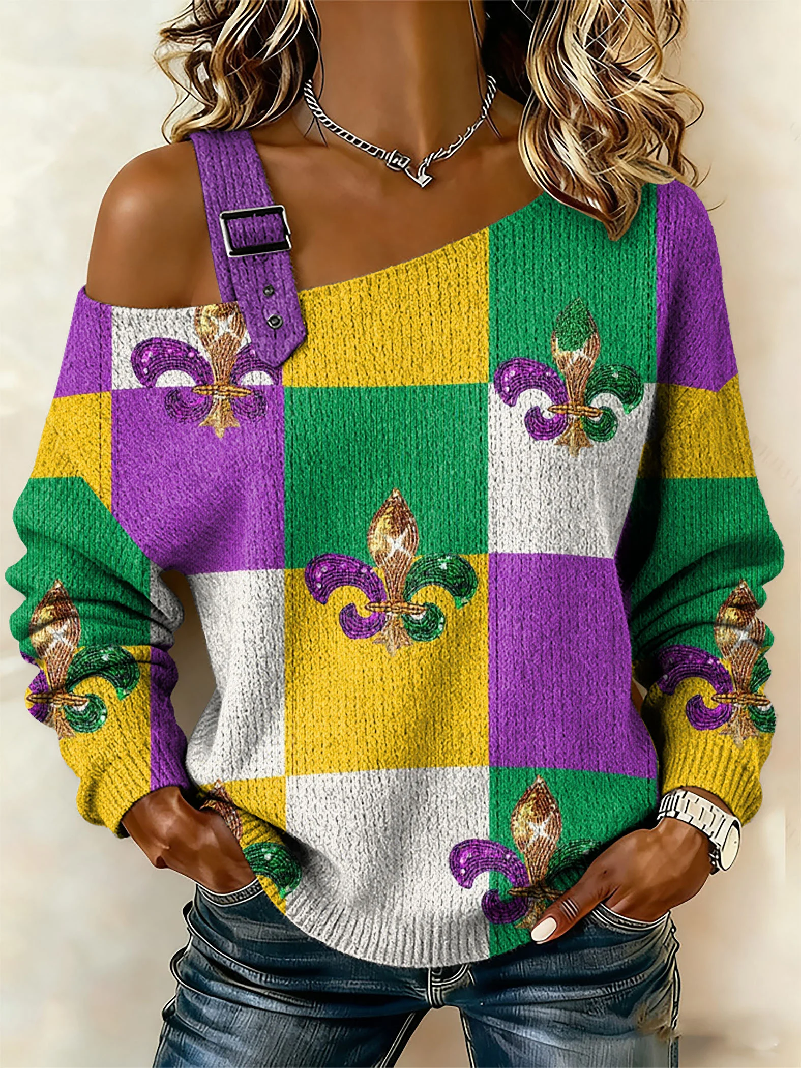 Women's Retro Mardi Gras Printed Sweatshirt