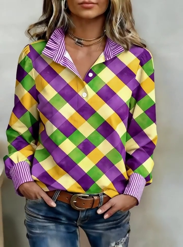Women'S Casual Color-Block Patchwork Top With Ruffle Trim