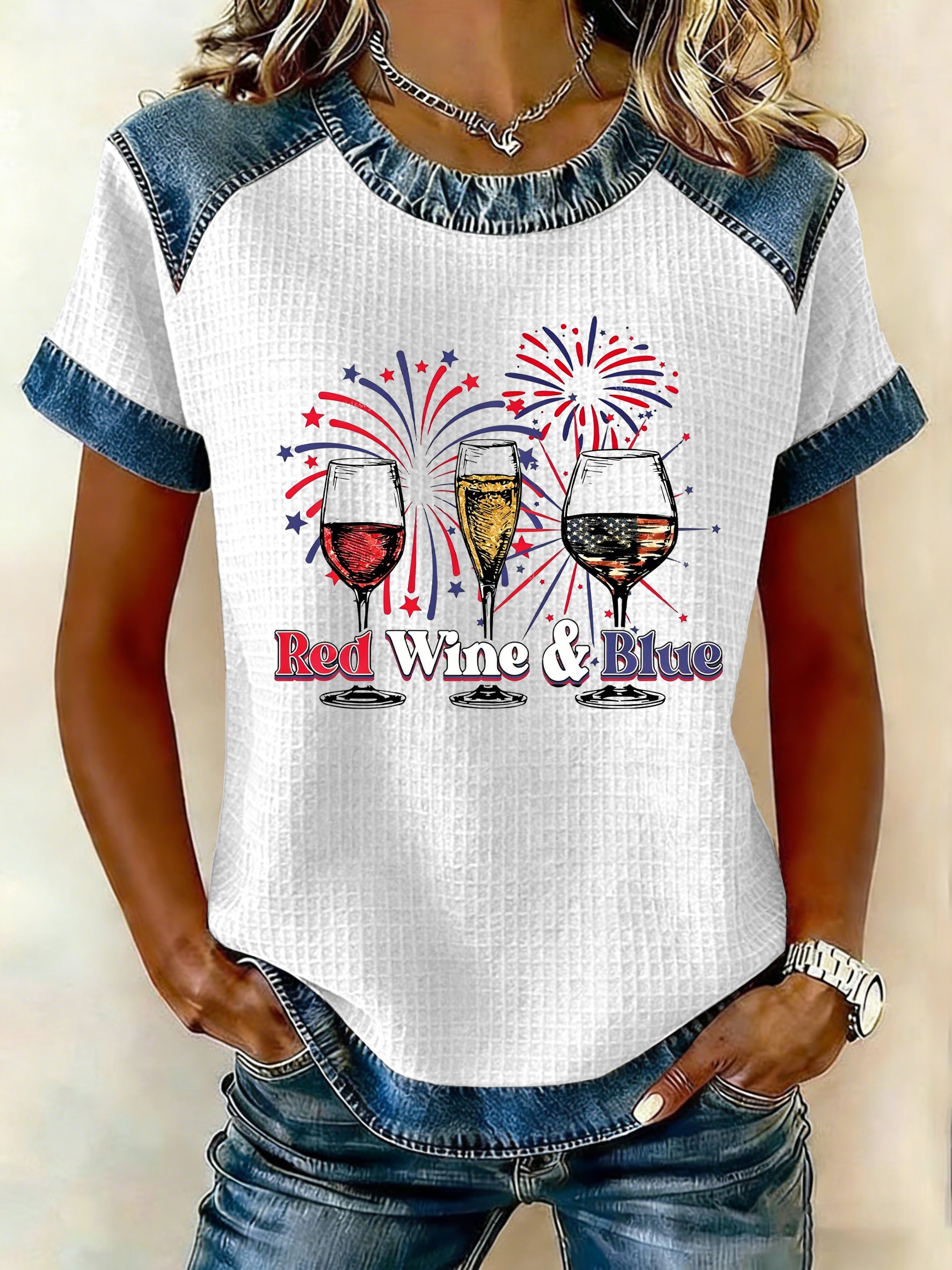 Women's 250th America Anniversary “Red Wine And Blue” Casual Printed Waffle Knit Short-Sleeved T-Shirt