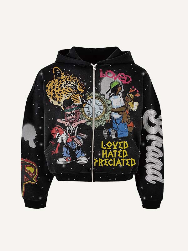 Figure&Skeleton&Graphic&Letter Faux Decal Print Zip Up Hooded Coat