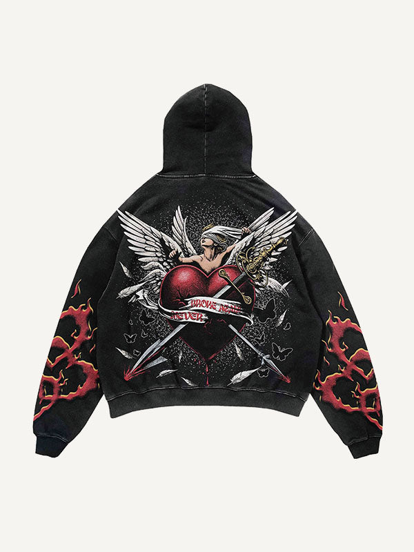 Figure&Wing&Heart&Sword&Letter Print Slant Pockets Hoodie