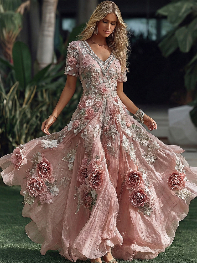 Women's Vacation Rose Floral Print Short Sleeve Dress