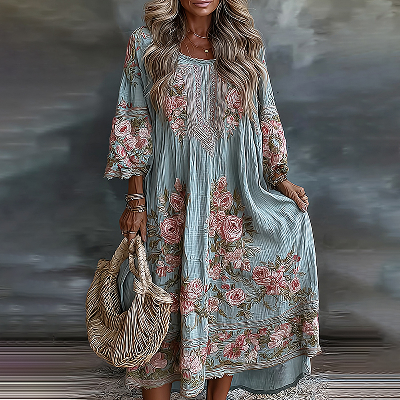 Women's Floral Art Flowy Linen Blend Casual Long Sleeve Maxi Dress