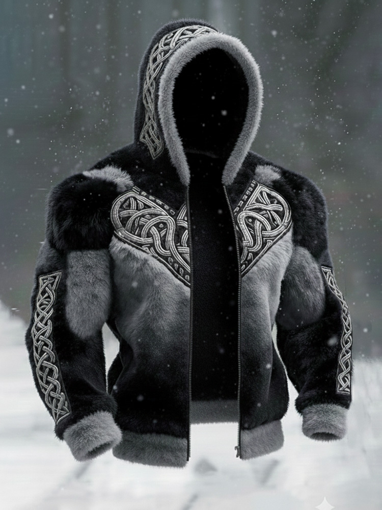 Men's Vintage Viking Tribal Jacquard Celtic Art Plush Warm Zipped Hooded Flannel Jacket