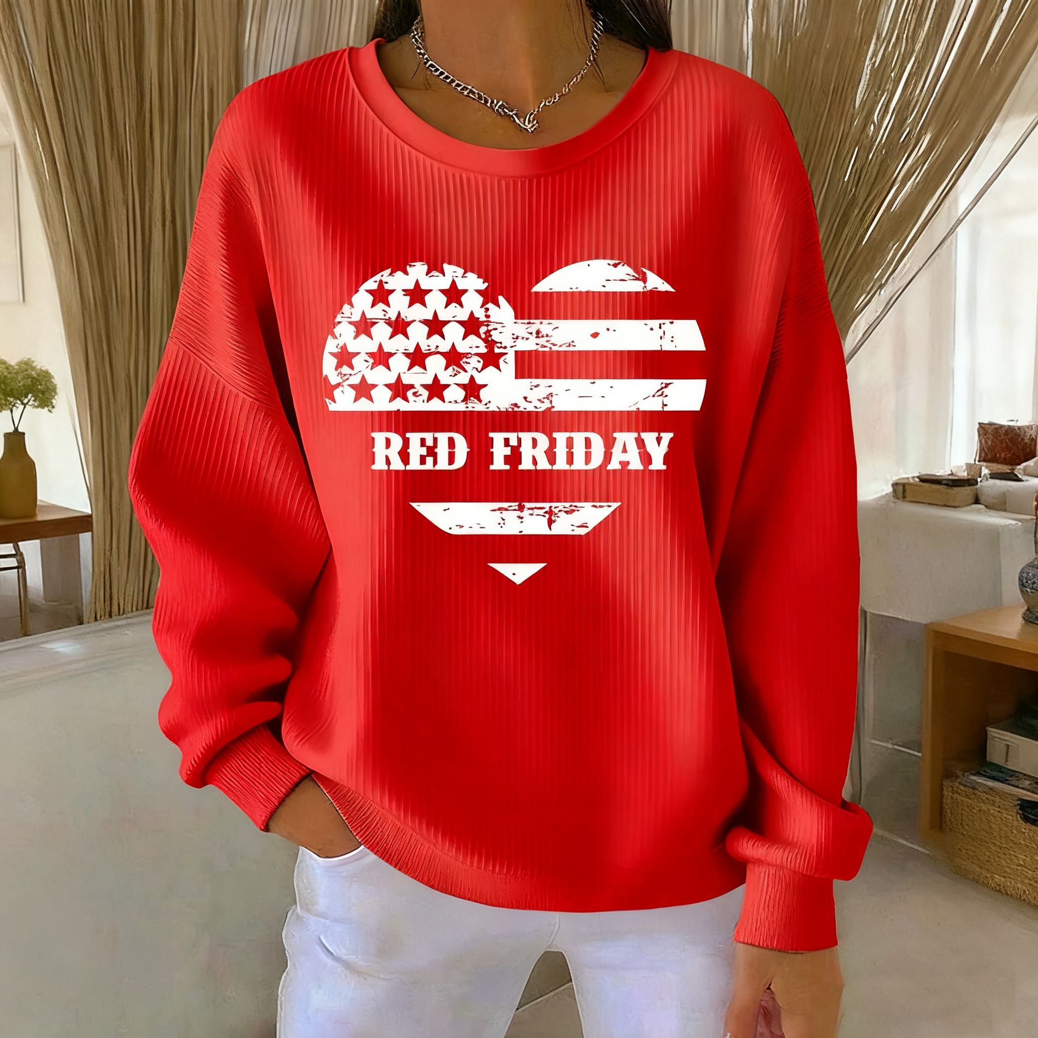 Women's On Friday We Wear Red Print Round Neck Sweatshirt