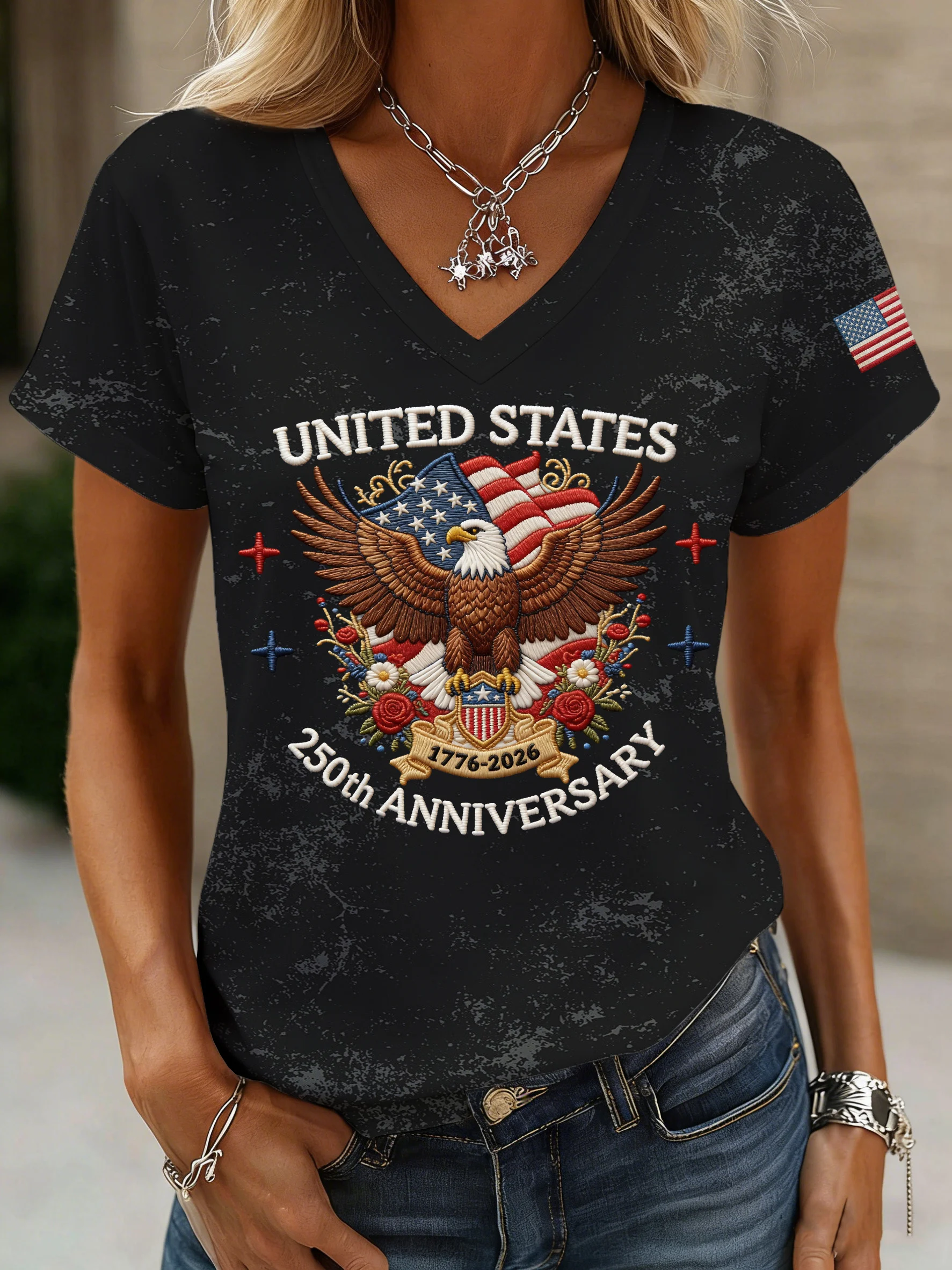 Women's American 250th Anniversary Print Casual V-Neck Top