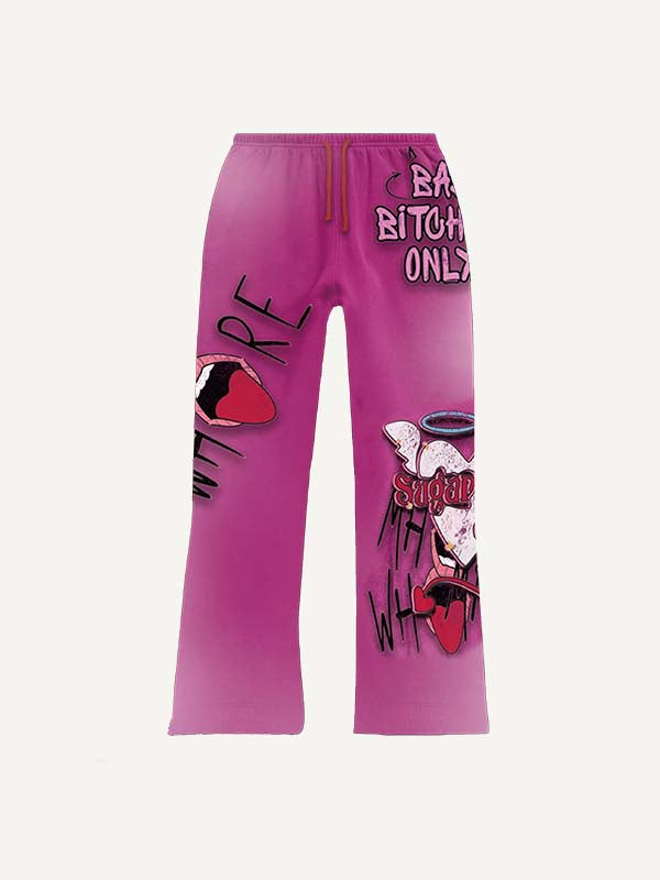 Tongue&Letter&Heart Print Elastic Waist Pants