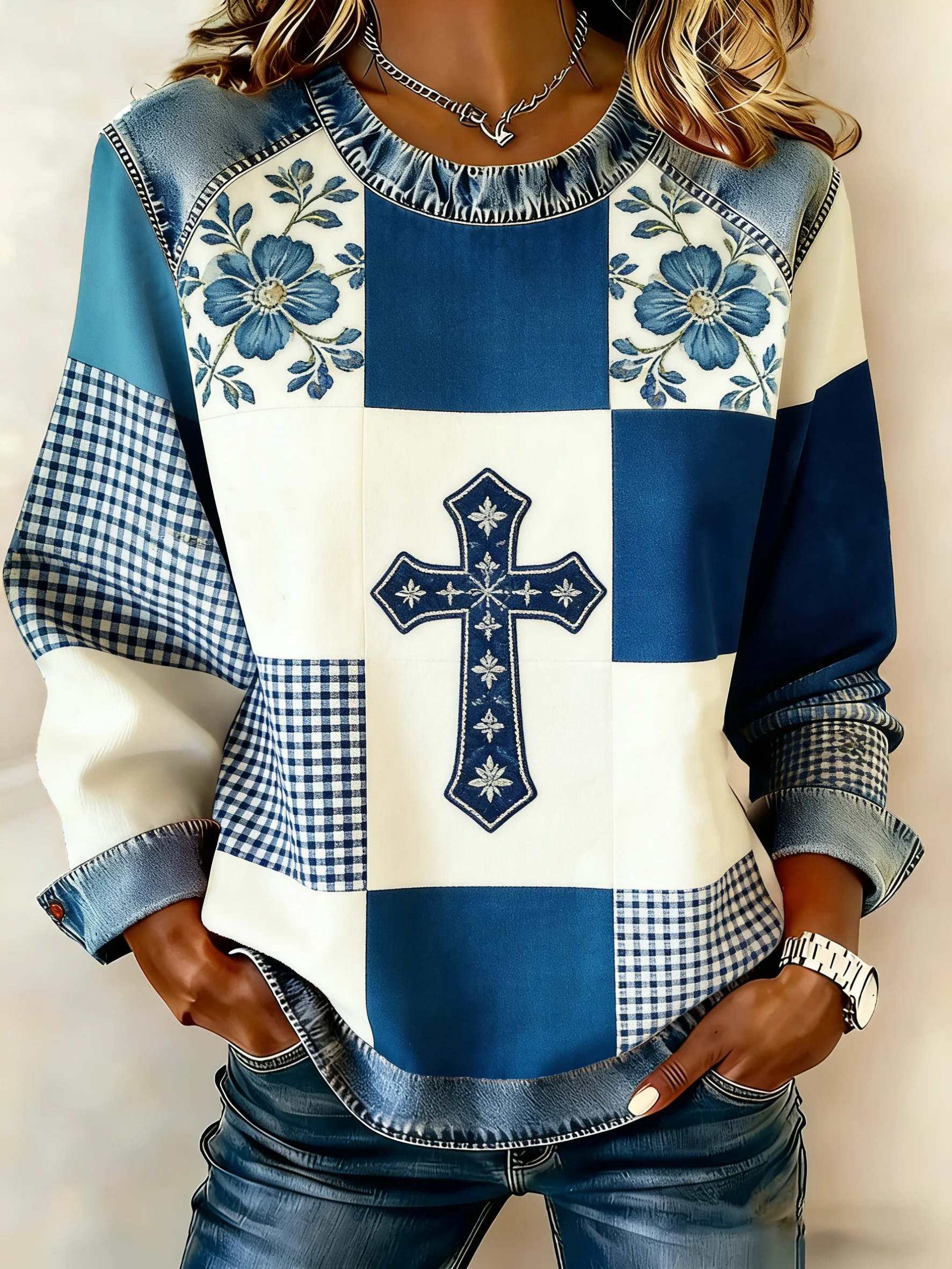 Women's Floral Denim-Like Print Sweatshirt-Fast Shipping