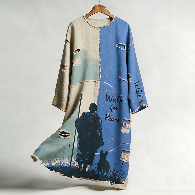 Peace Walk Art Patchwork Print Linen Dress