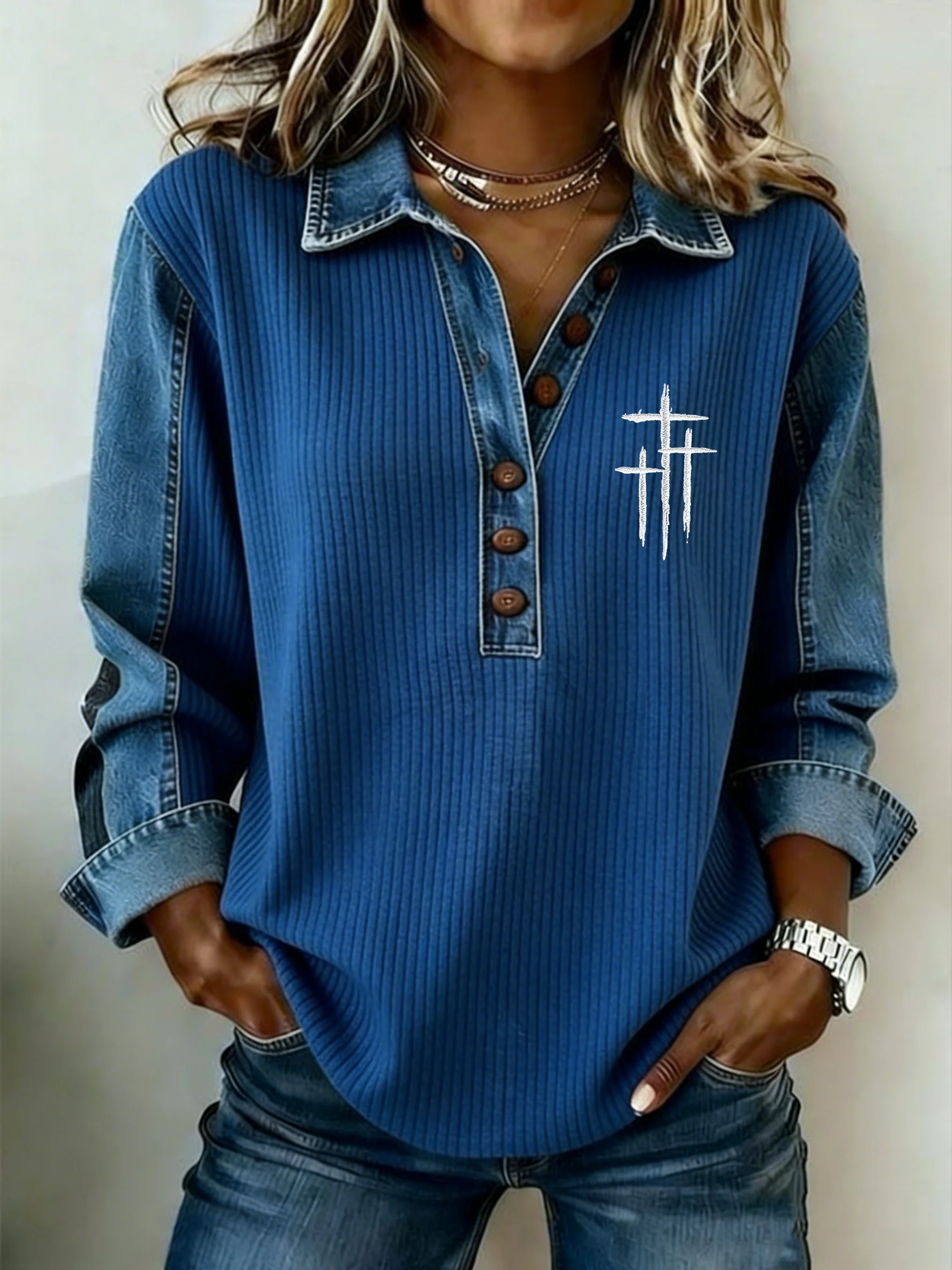 Women's Winter Fashion Casual Faux Denim Print Top-Fast Shipping