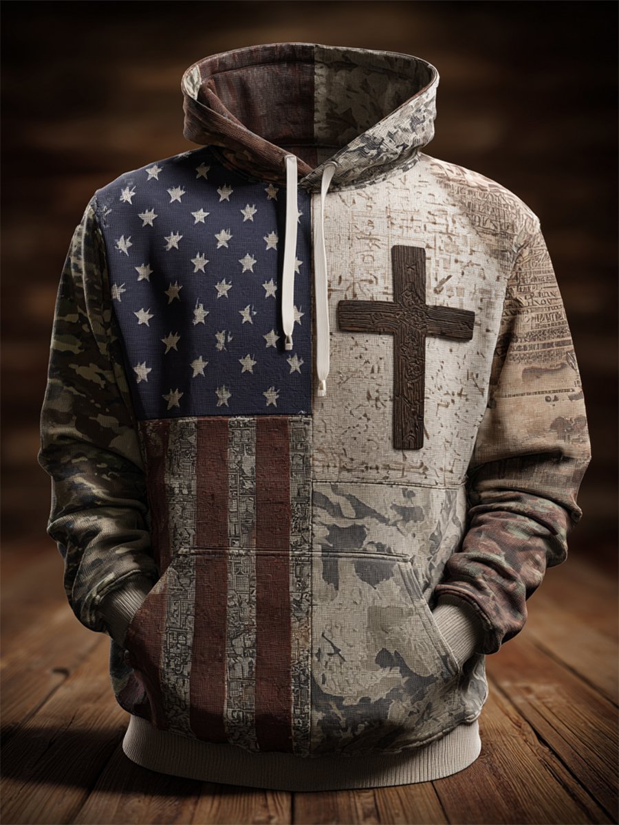 Men's Vintage Casual American Flag Cross Faith Hoodie