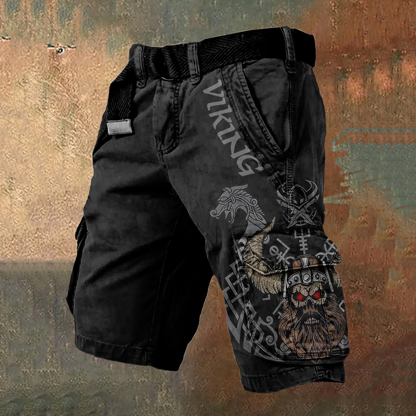 Men'S Retro Viking Warrior Rune Art Graphic Cargo Shorts