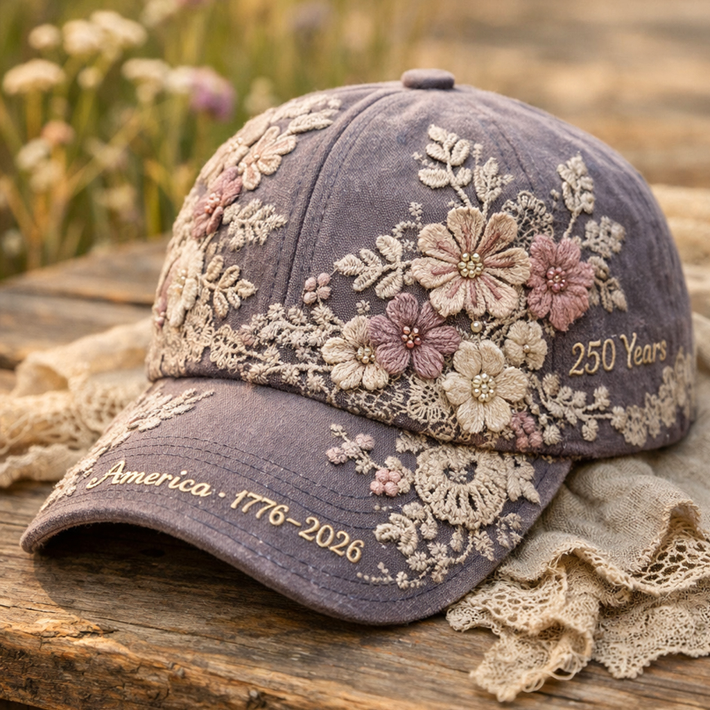 Vintage Floral Embroidered Baseball Cap – America 1776–2026 – 250 Years Anniversary Retro Washed Cotton Dad Hat