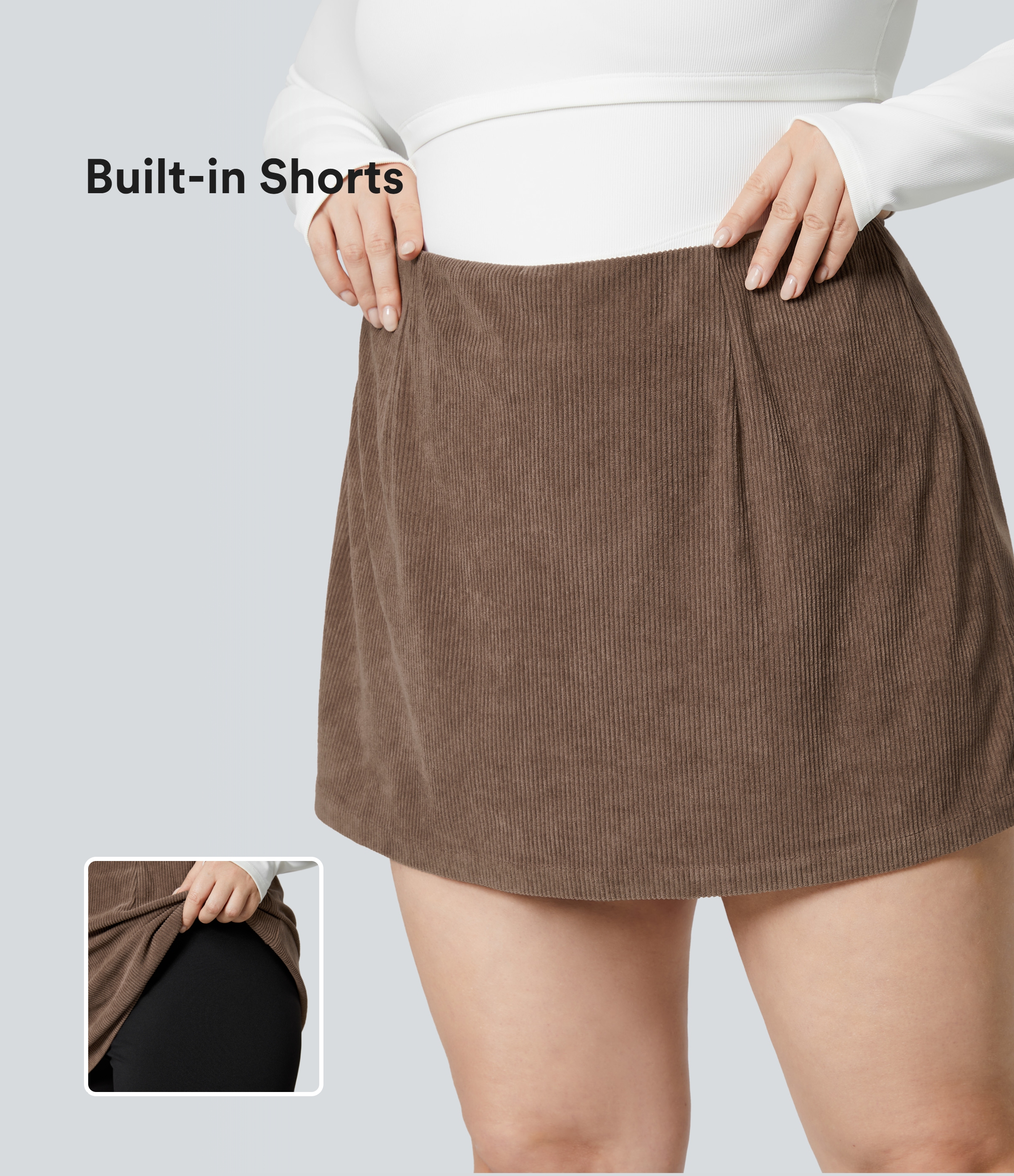 High Waisted 2-in-1 A Line Mini Corduroy Casual Plus Size Skirt