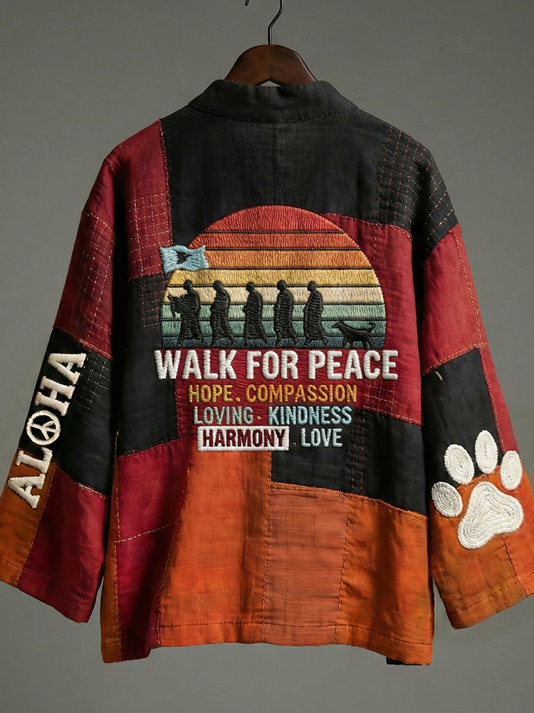 Peace Walking With Aloka Dog Art In Patchwork Print Linen Short Kimono