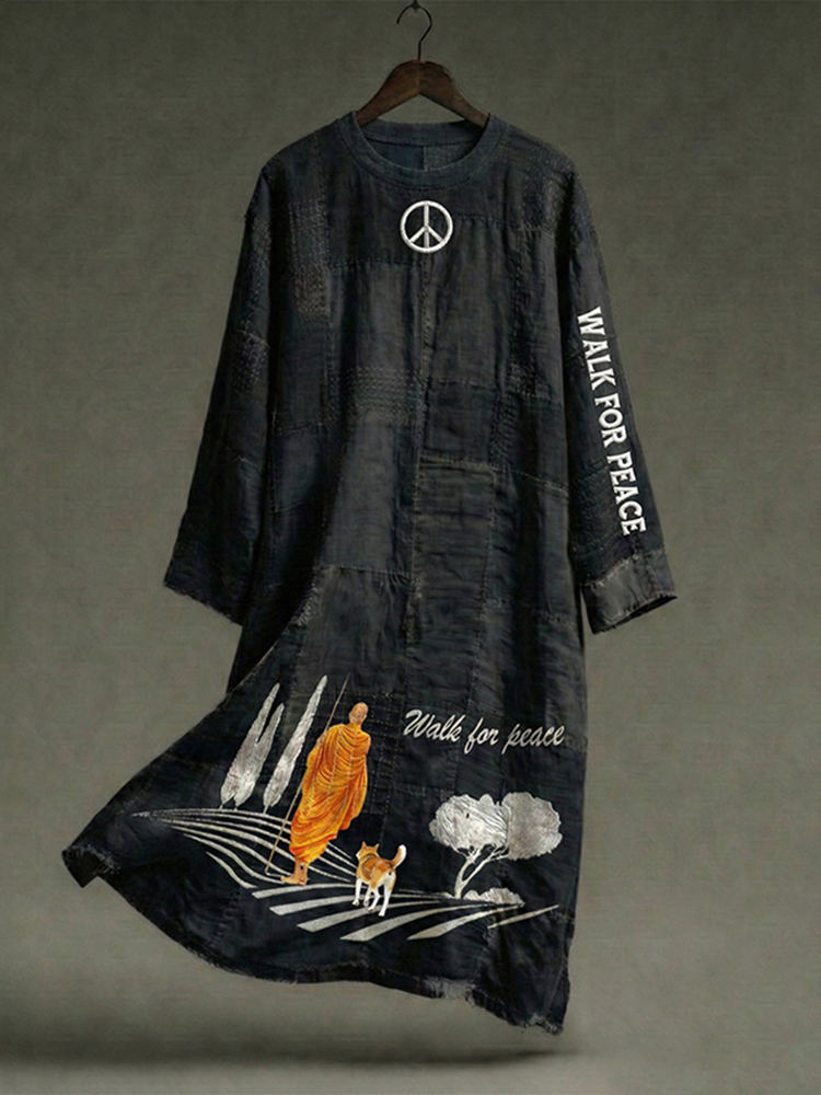 Vintage For Peace And Aloka Dog Art Round Neck Dress