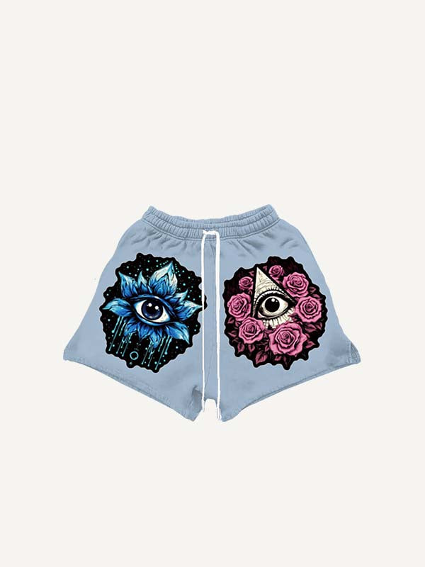 Eye&Floral&Graphic Print Drawstring Waist Shorts