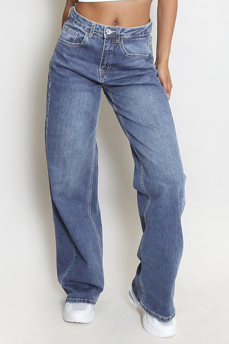 Casual Mid-Rise Denim Multi-Pocket Wide Leg Jeans