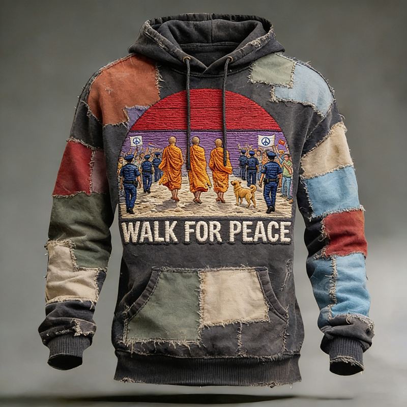 Walk For Peace Artistic Patchwork Print Hoodie