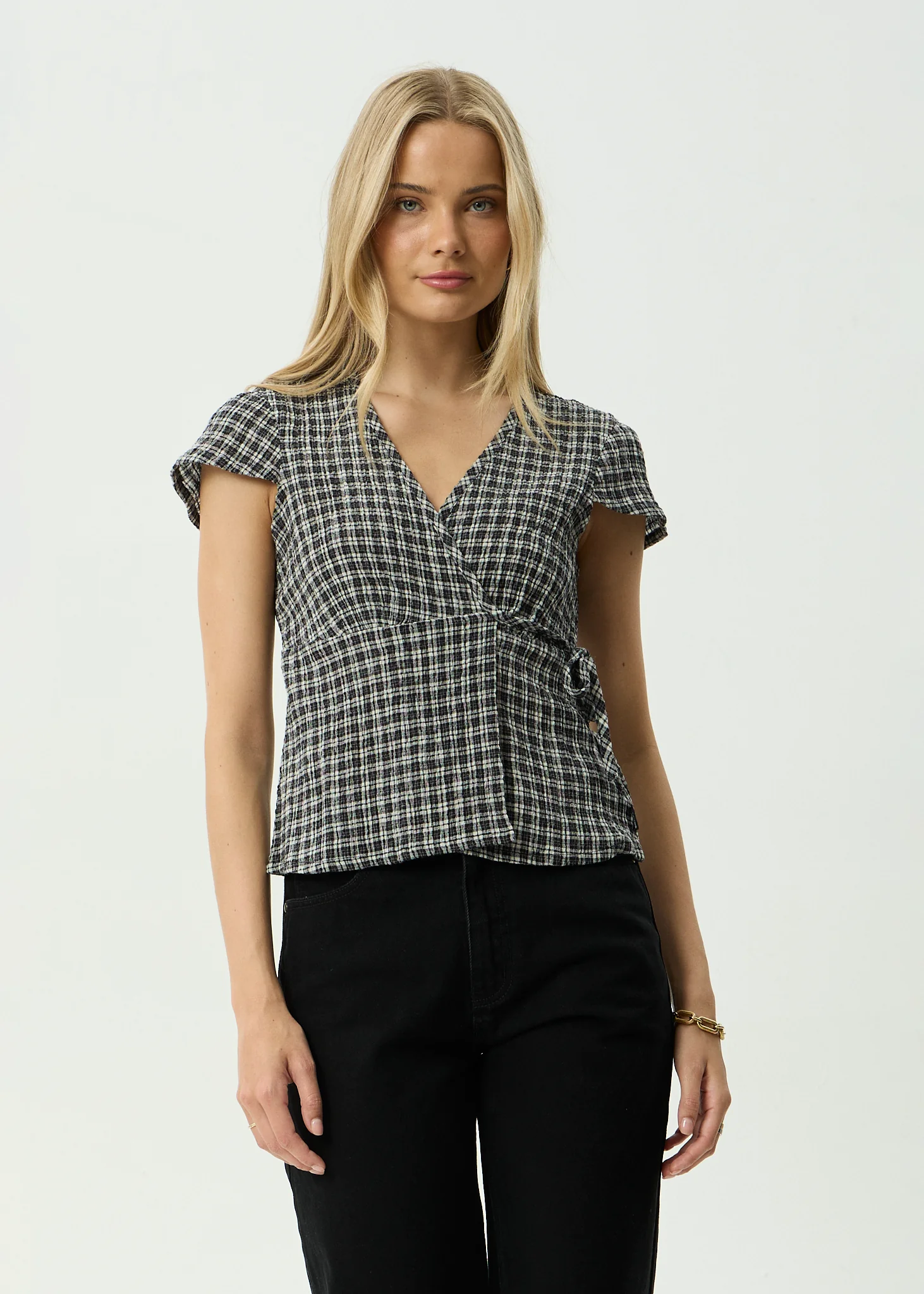 AFENDS Womens Loula - Seersucker Wrap Top - Steel Check