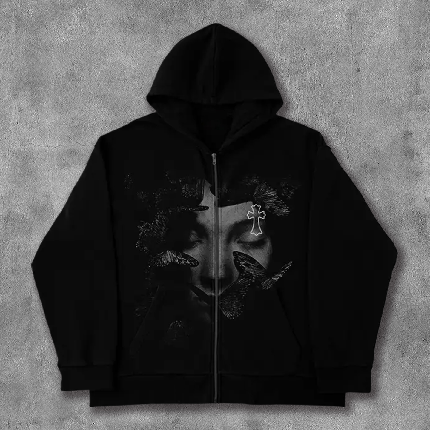 Heavens Butterfly Print Long Sleeve Zip Up Hoodies