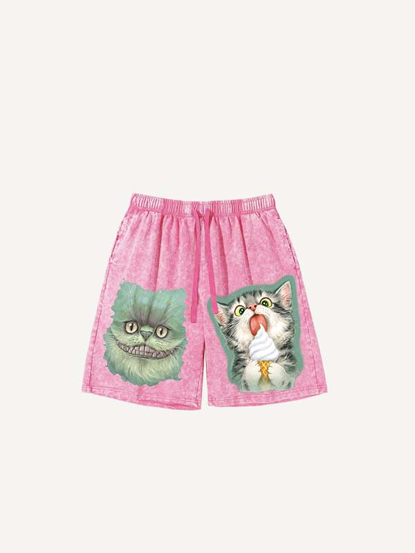 Distressed   Cat Print Drawstring Waist Shorts
