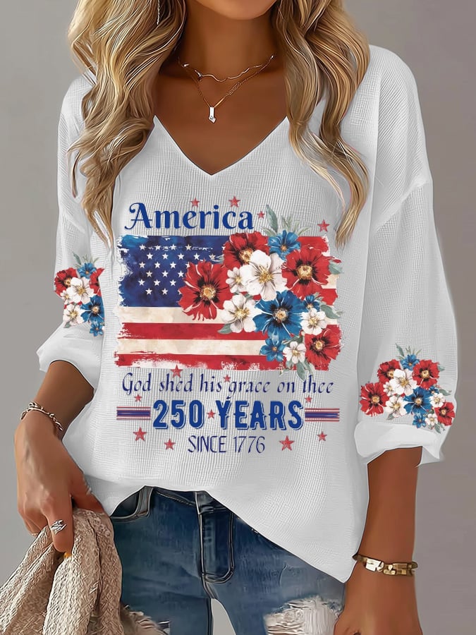 Women's 250th Anniversary National Flag Floral Print Waffle Long Sleeve T-Shirt