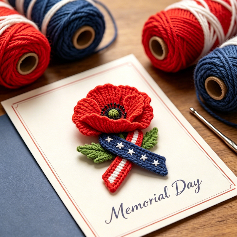 Unisex Memorial Day Poppy Crocheted Brooch