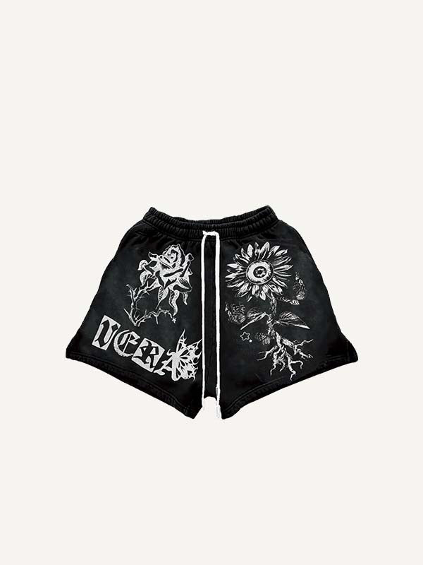 Eye&Floral&Letter Print Drawstring Waist Shorts