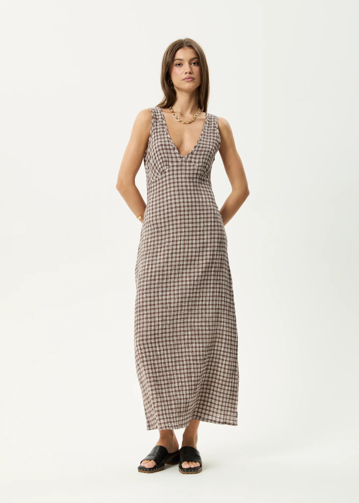 AFENDS Womens Base Tully - Seersucker Maxi Dress - Coffee Check