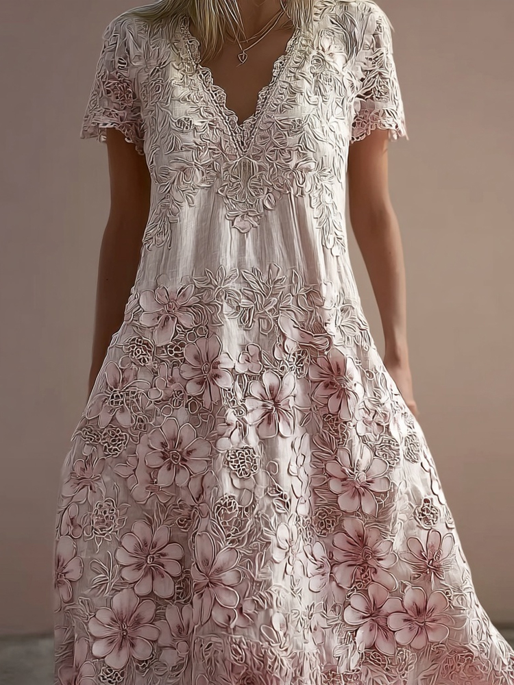 Vintage Floral Lace Embroidered V Neck Linen Maxi Dress