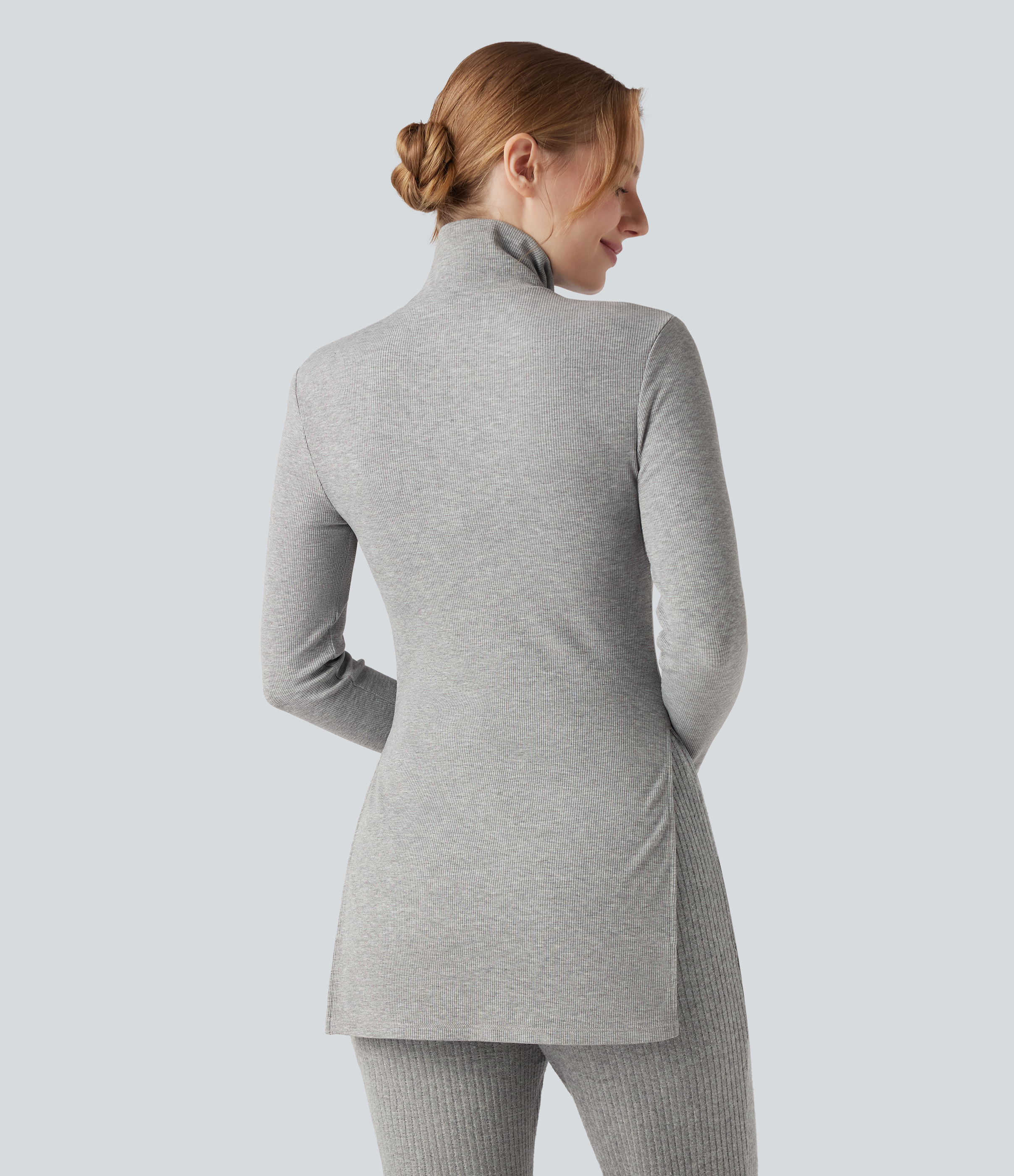 Ribbed Knit High Neck Long Sleeve Casual T-Shirt