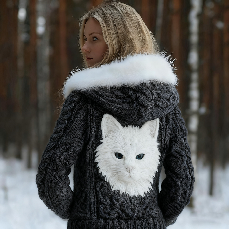 Viking Retro Cat Design Women's Hooded Knit Sweater Jacket