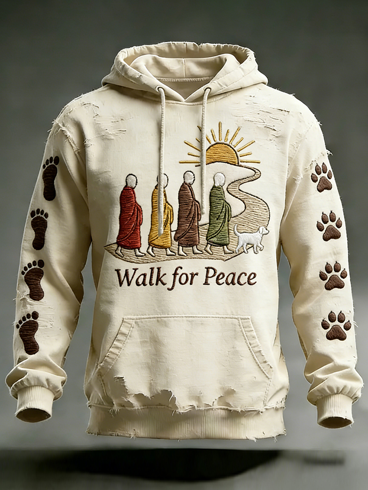 Vintage Walk For Peace Love In Every Step Artistic Print Distressed Hoodie