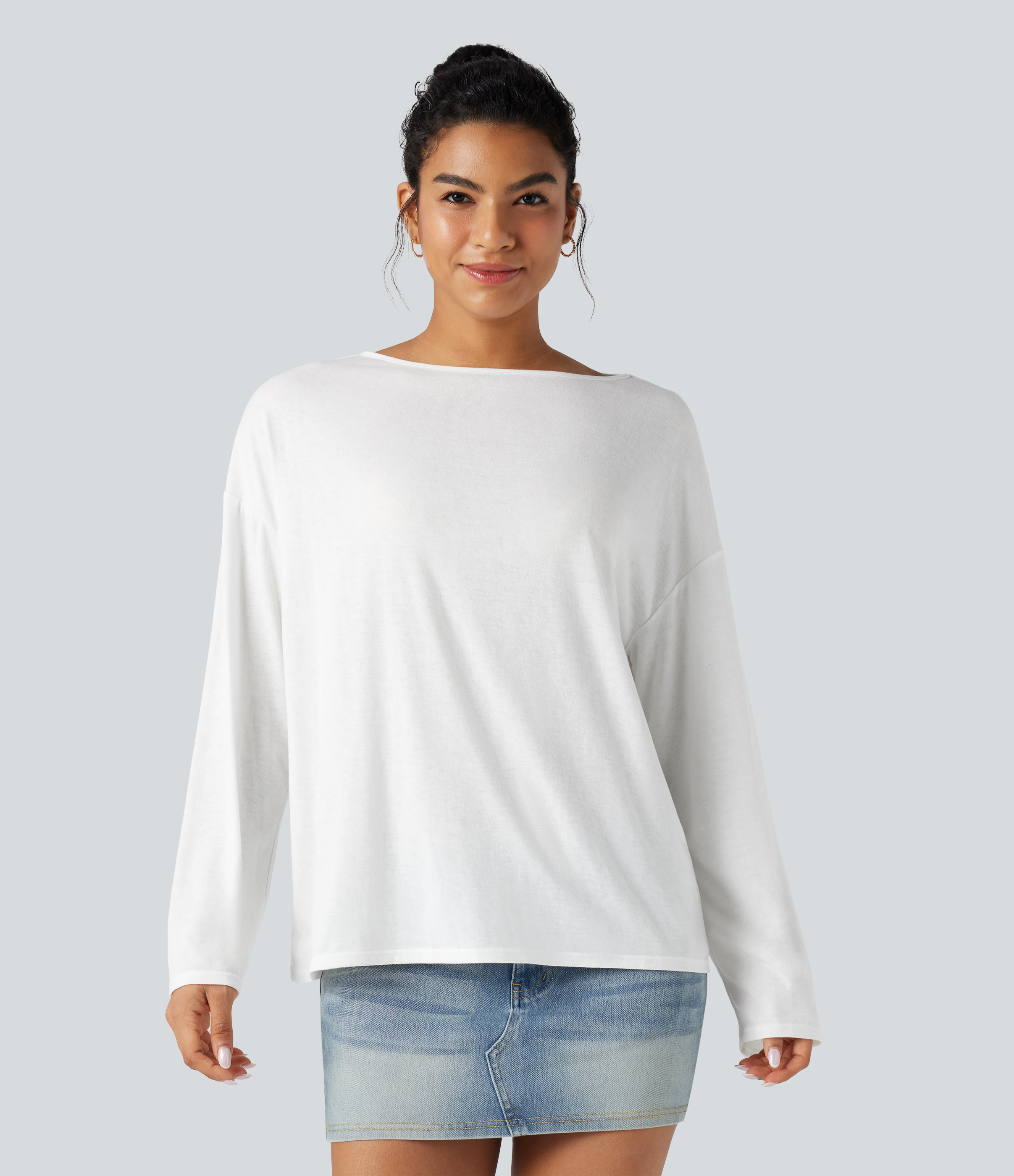 Boat Neck Long Sleeve Casual Oversized T-Shirt