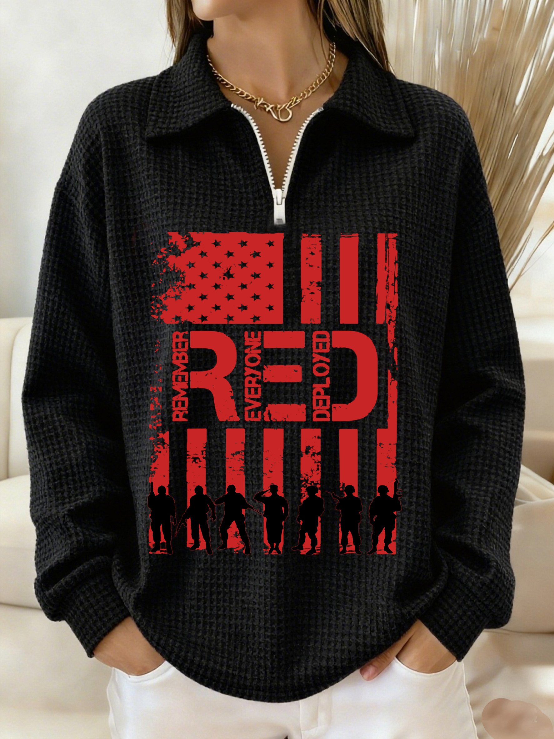 Women's Friday Let's Wear Red Remember All Veterans Print Waffle Lapel Top