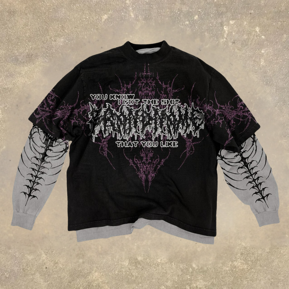 Gothic Lettering & Pattern Layered Long Sleeve T-shirt