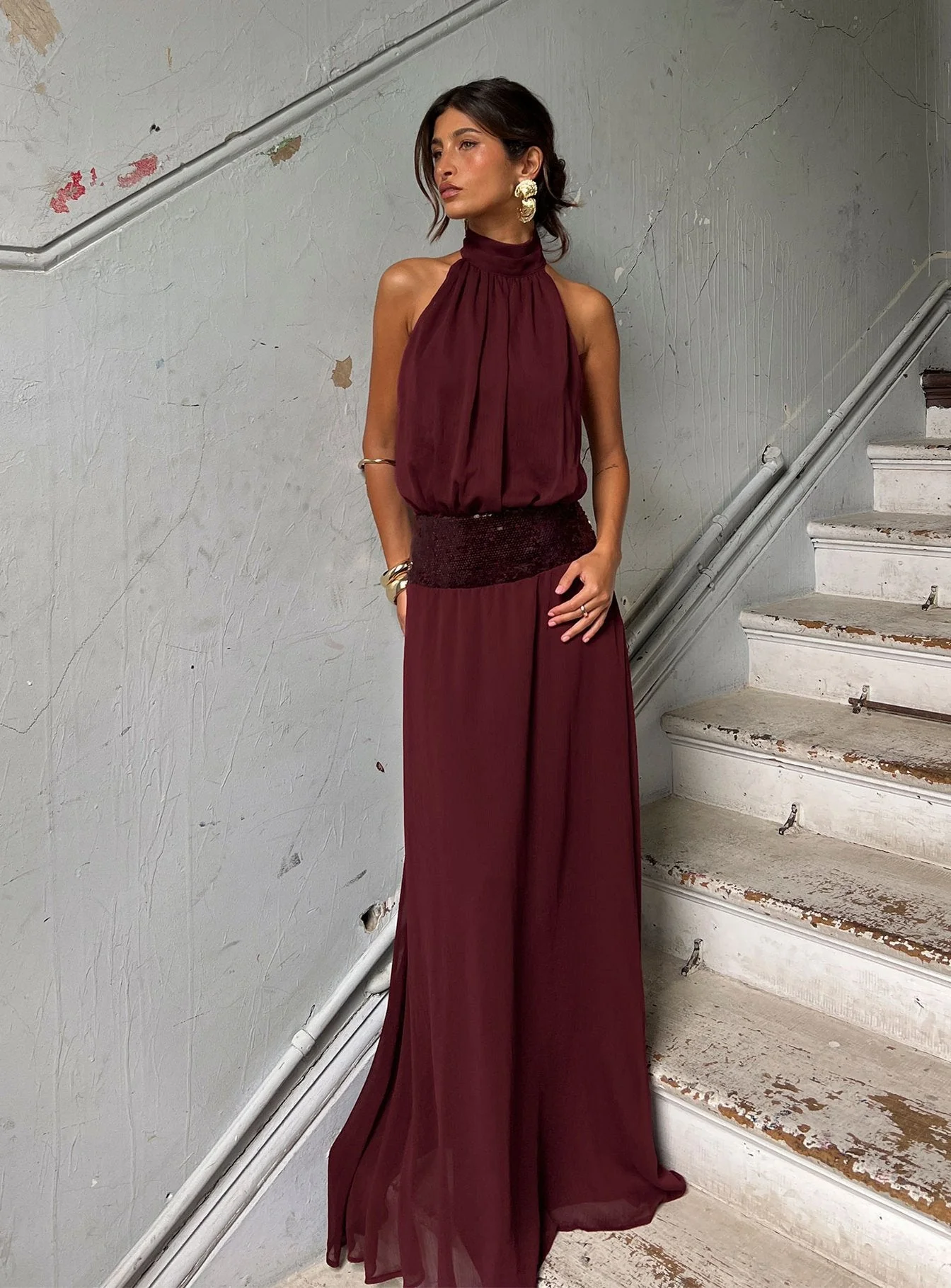 Darwinn Drop Waist Sequin Detail Maxi Dress Burgundy