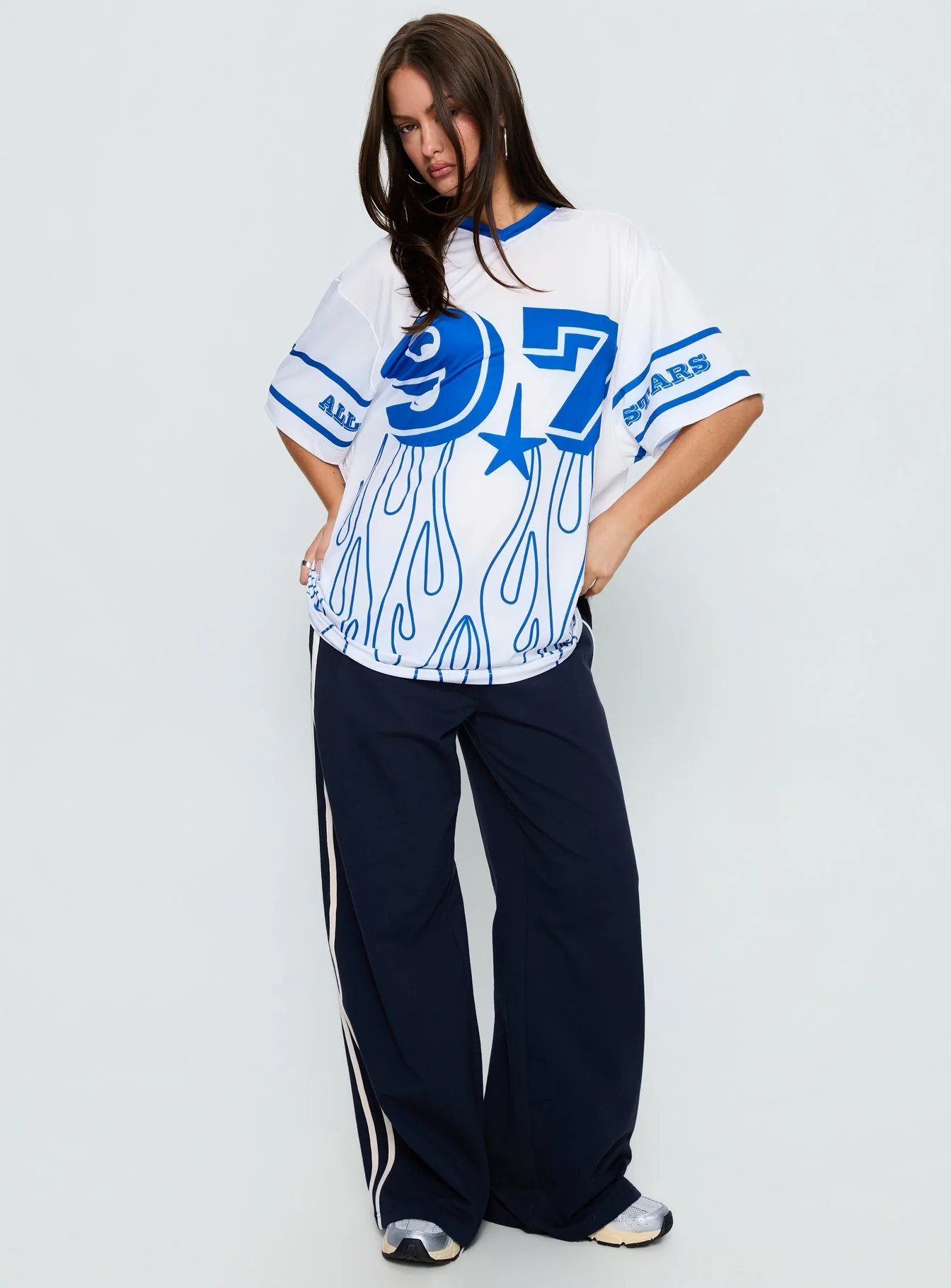97 Sportstar Oversized Jersey Graphic Top White / Blue