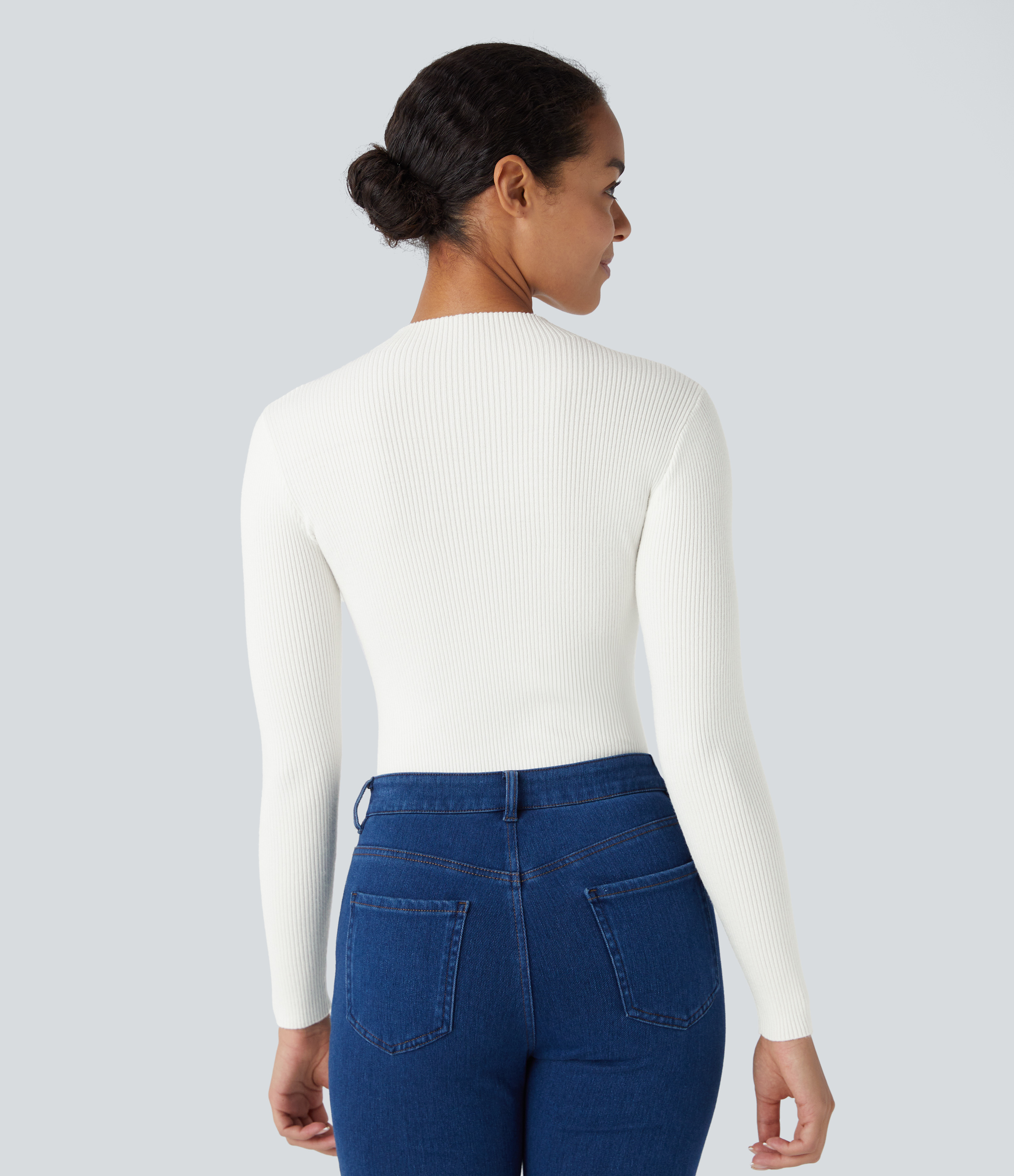 Ribbed Knit Round Neck Long Sleeve Casual Sweater