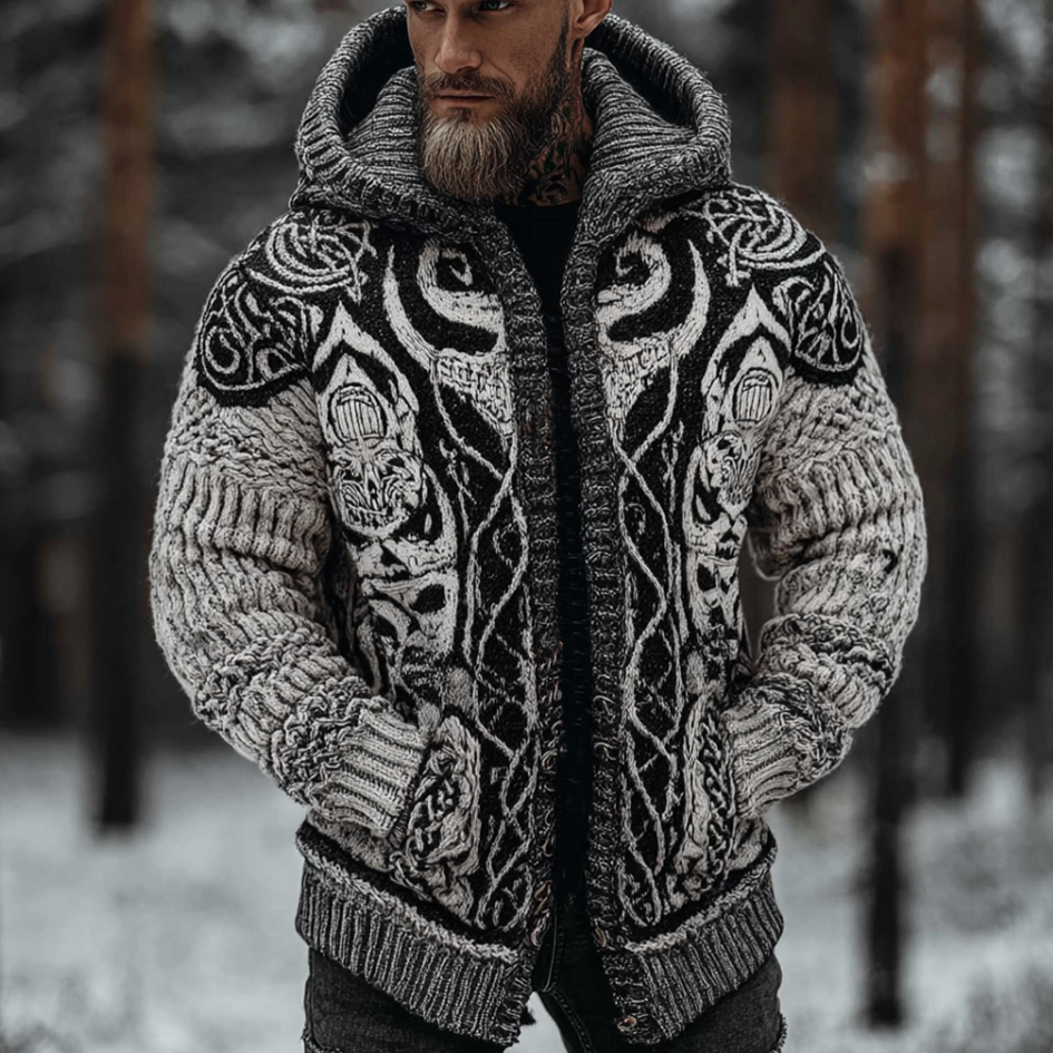 Viking Style Winter Men's Warm Hooded Knit Sweater Jacket