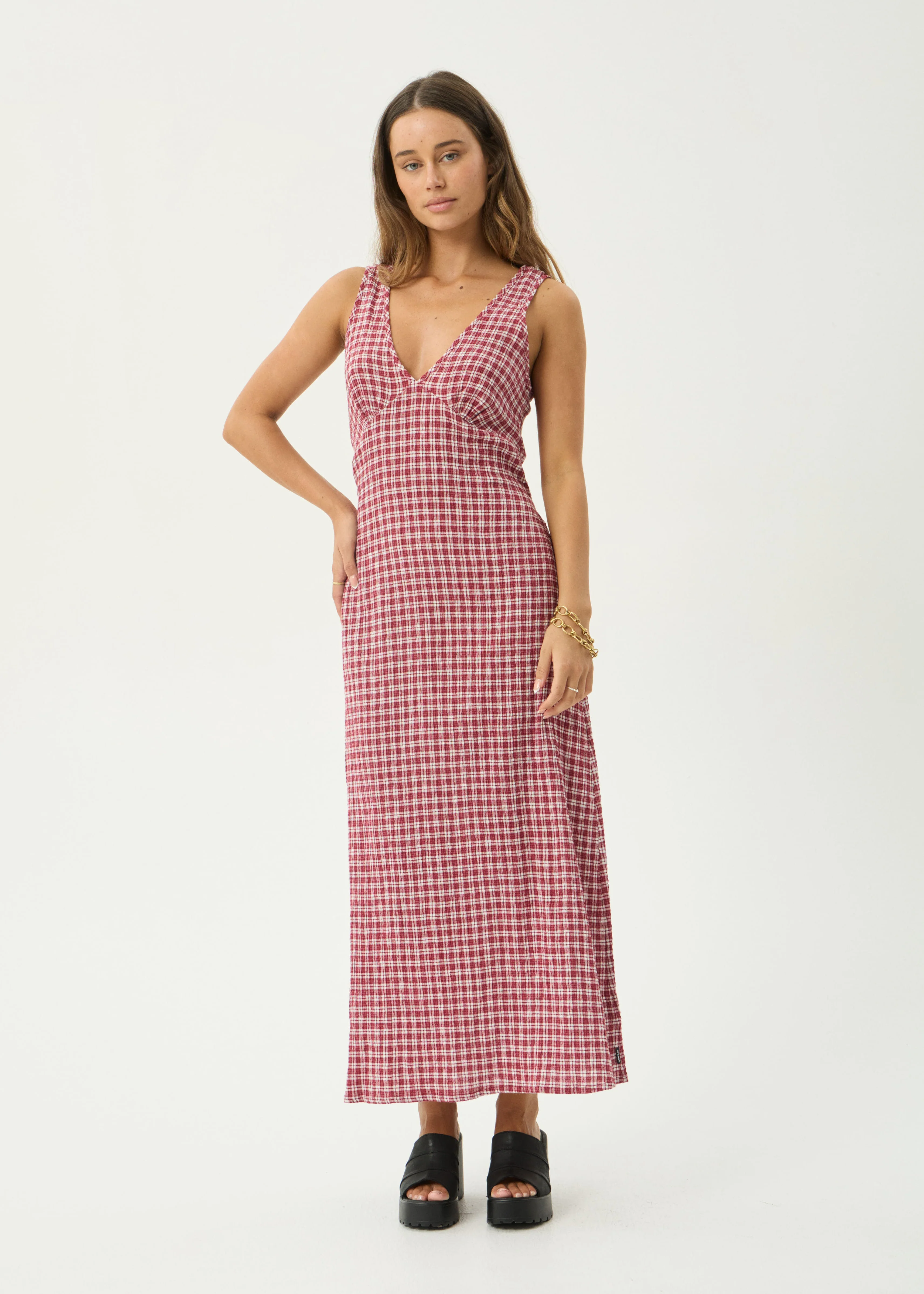 AFENDS Womens Base Tully - Seersucker Maxi Dress - Burgundy Check