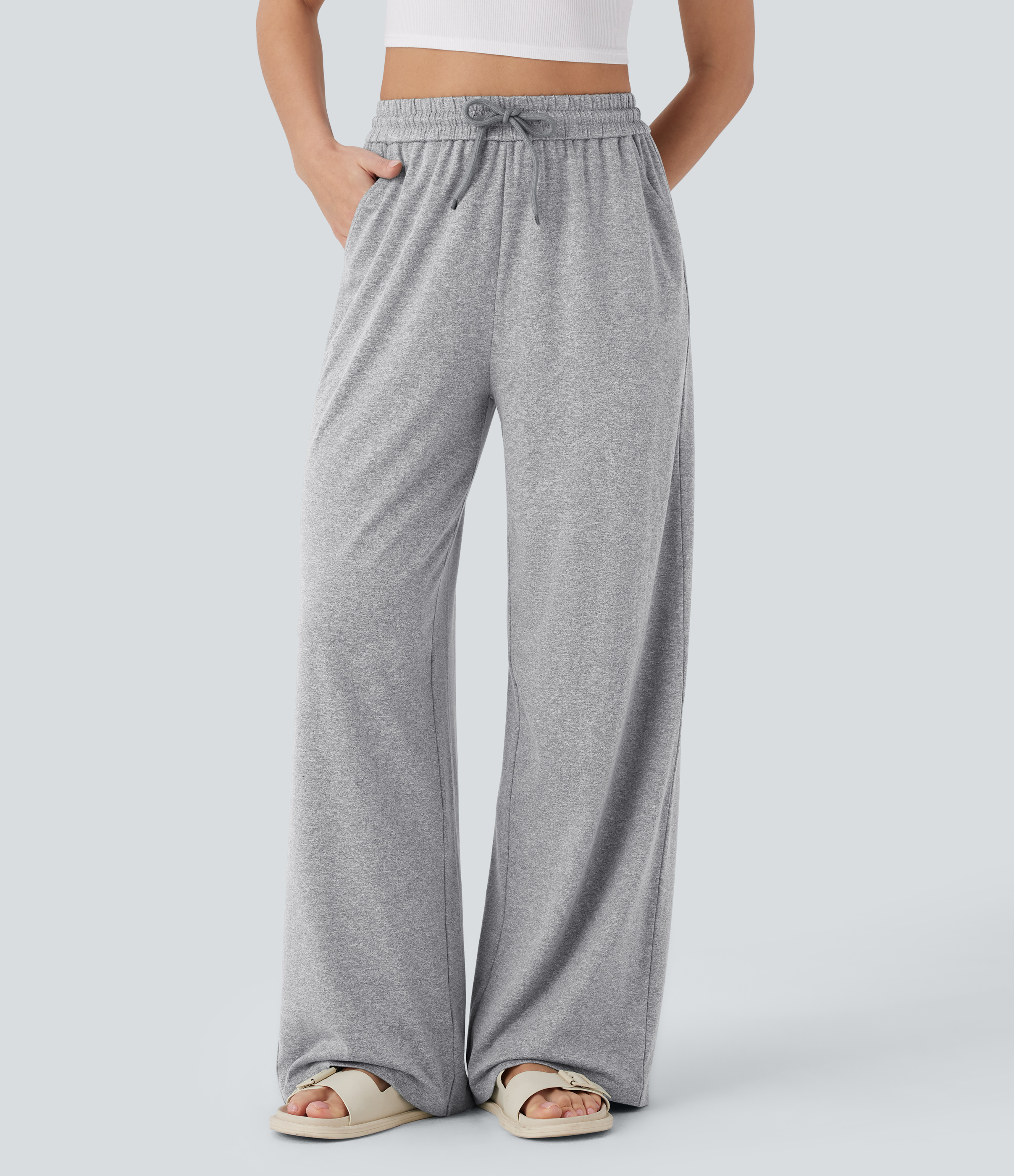 High Waisted Drawstring Pocket Wide Leg Casual Pants