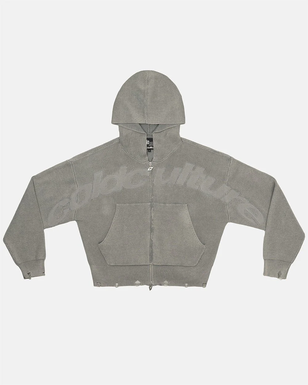 DISTRESS CURVED ZIP KNIT HOODIE GREY