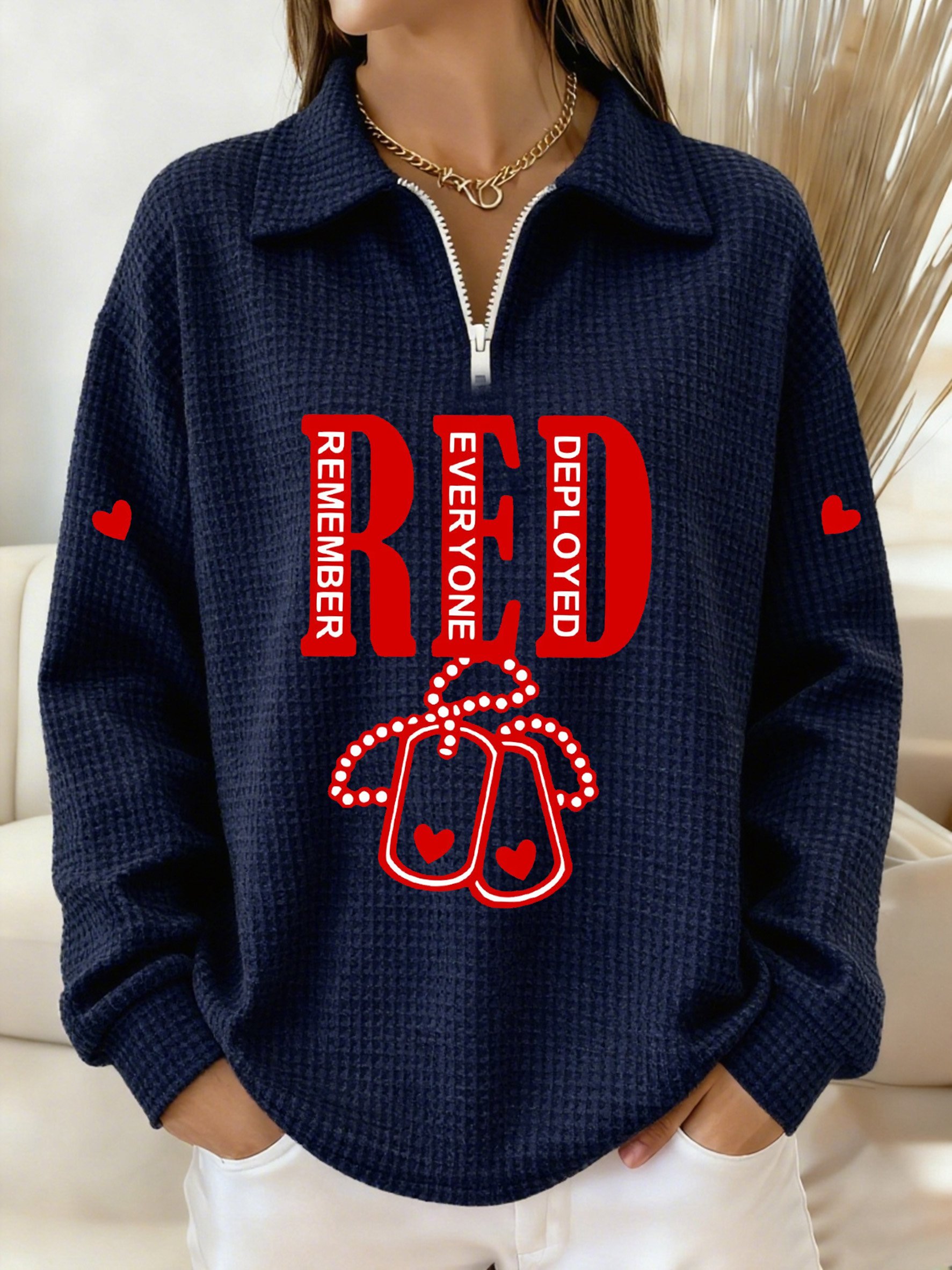 Women's Winter Friday Let's Wear Red Veteran Print Waffle Lapel Top