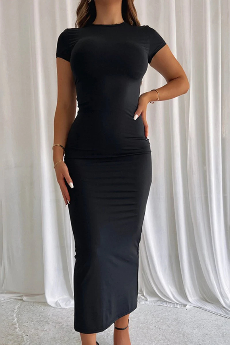 Summer Plain Round Neck Short Sleeve Bodycon Maxi Dress